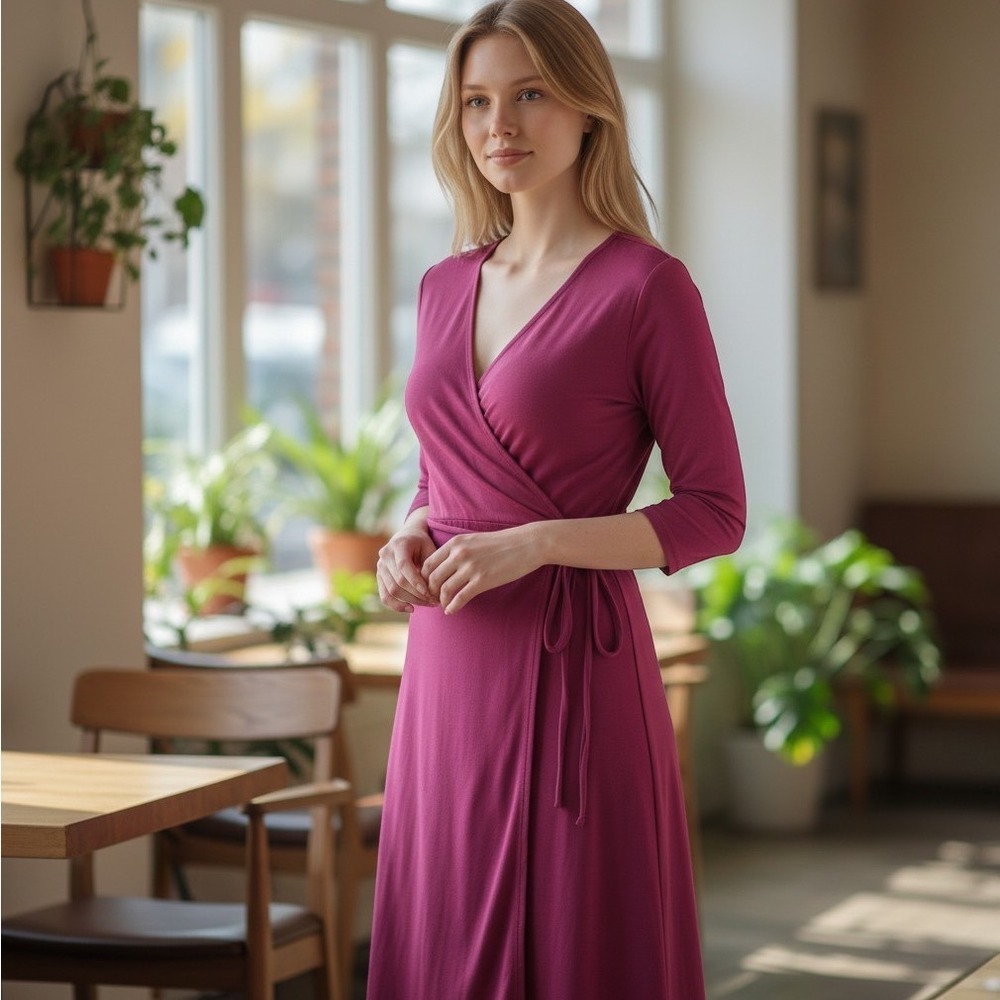 Oh Baby by Motherhood Wrap 3/4 Sleeve Maternity‎ Dress M Magenta